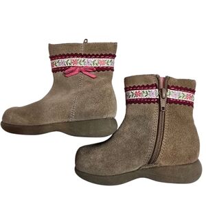 Baby Smart Girls Suede Leather Brown Embroidered Boots with Pink Bow 4